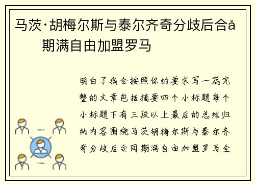 马茨·胡梅尔斯与泰尔齐奇分歧后合同期满自由加盟罗马